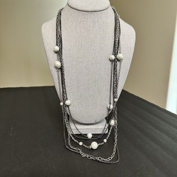 NY Multi Strand Chain Necklace Simulated White Pearl Stations Silver Black Tone - Picture 1 of 16